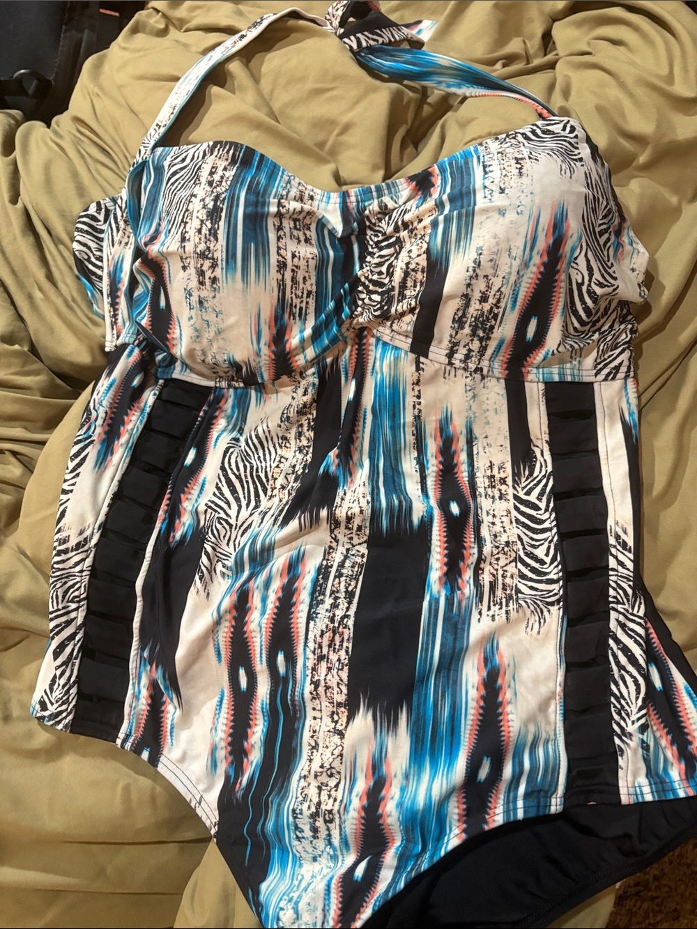 Striped Abstract Halter Swim Top for Women - Blue and Black
